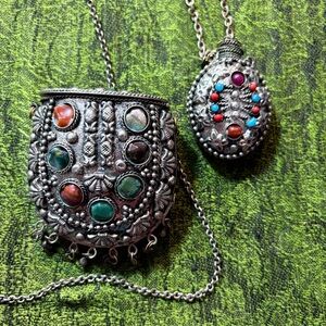 Metal coin purse necklace fragrance pouch pendant Vintage 1970s Moroccan hippie